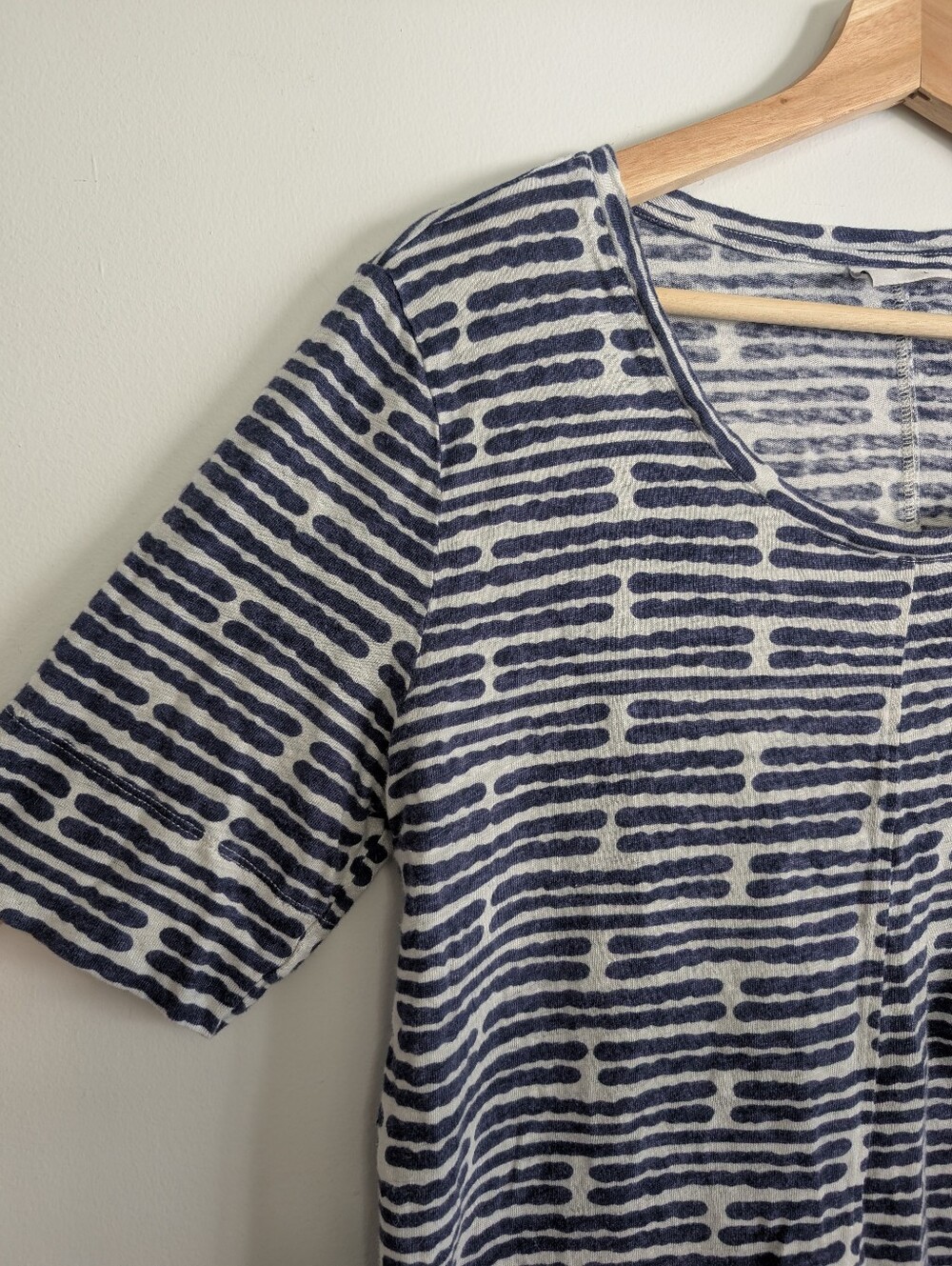 Foil Large Linen T-shirt Casual Boxy Top Blue White Tee Boho Stripes Relaxed Fit